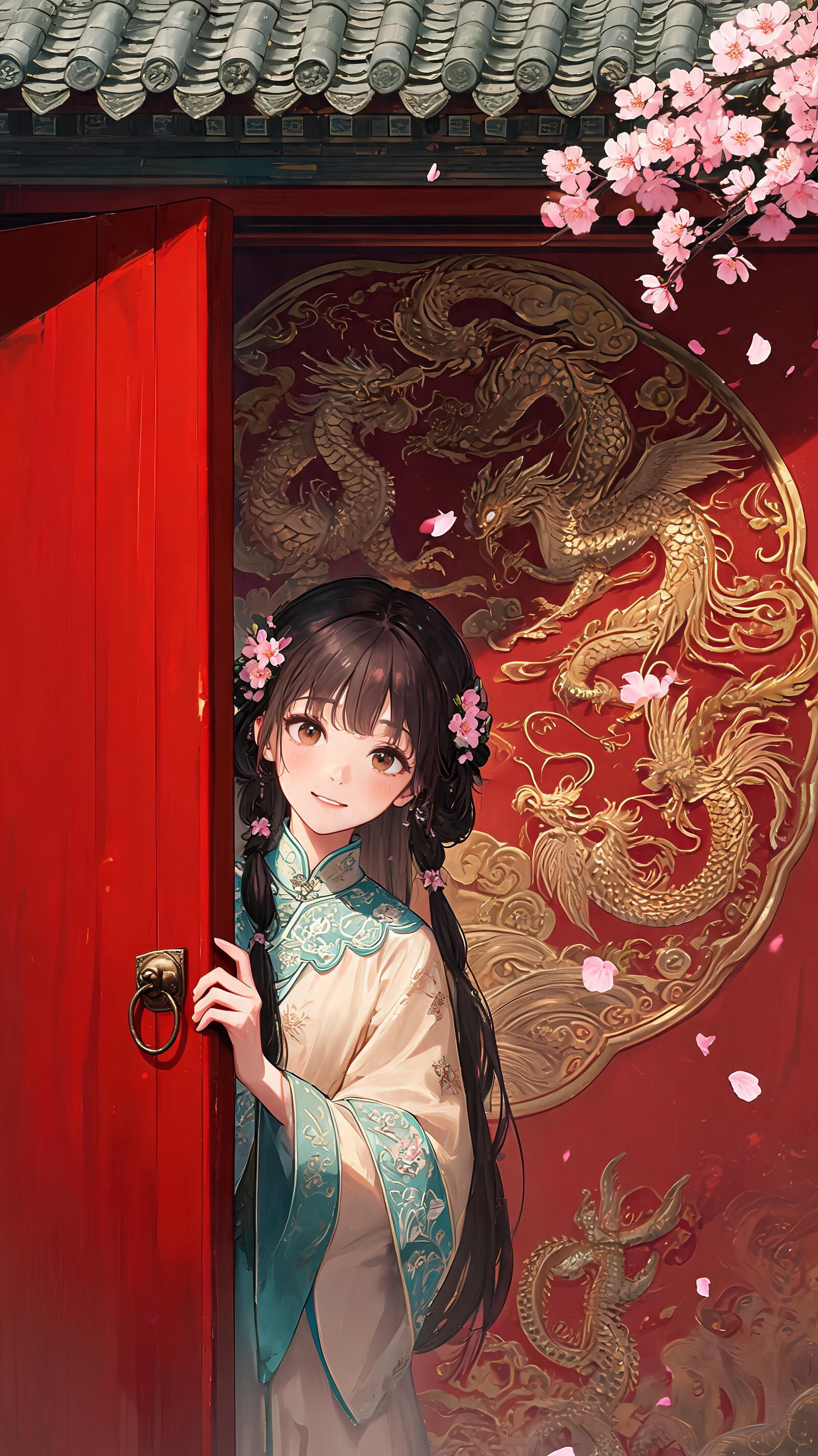 Chinese Girl Peeking from Red Palace Door preview image