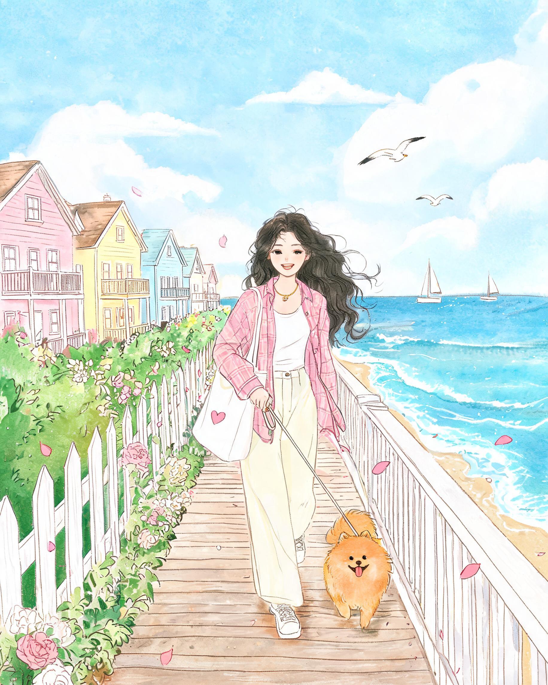 Girl Walking Dog on Beach Boardwalk Illustration preview image