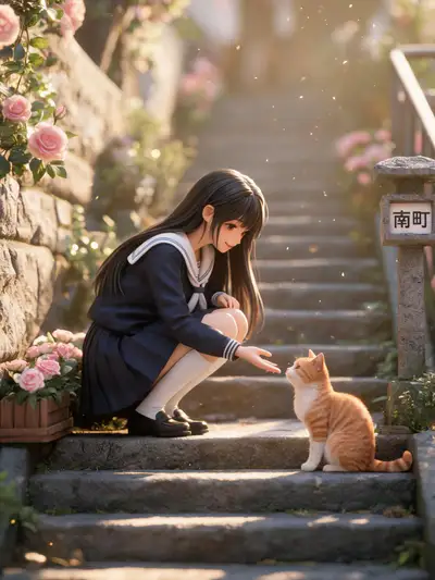 石阶撸猫少女微缩场景