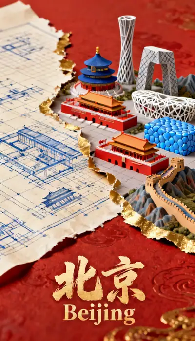 北京地标建筑蓝图立体海报