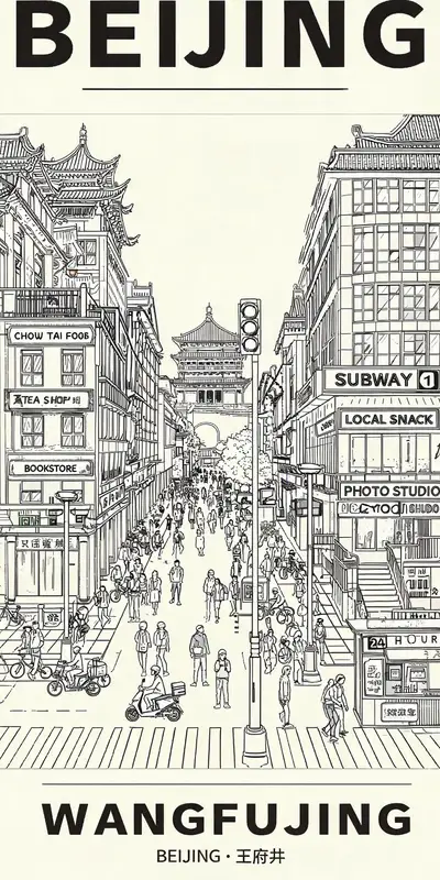 北京王府井街景线描插画