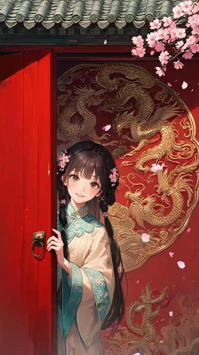 红墙宫门探头少女国风插画