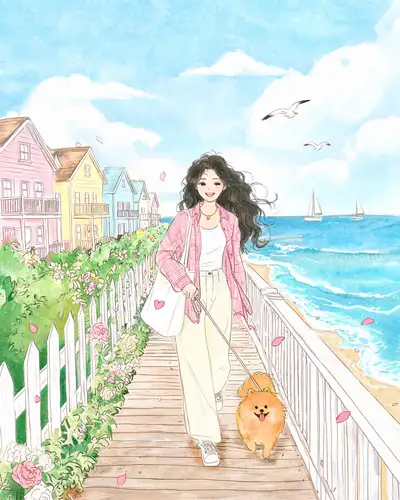海边木栈道遛狗少女插画