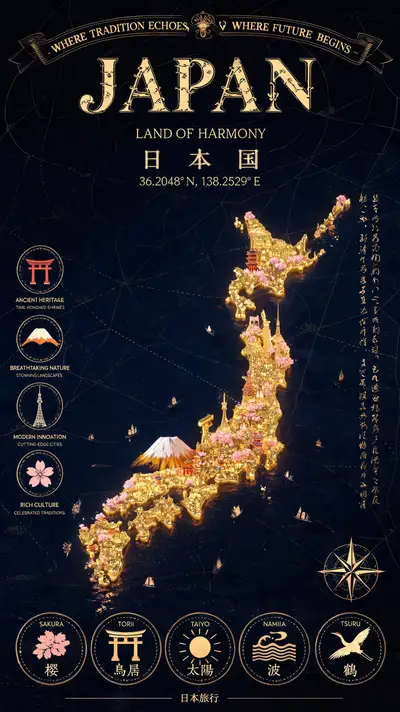 日本奢华金色光影地图海报