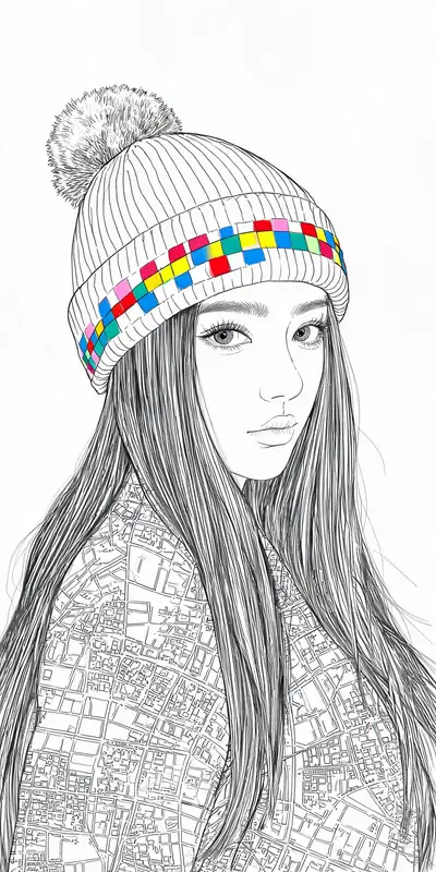 线描填色风格毛线帽女孩