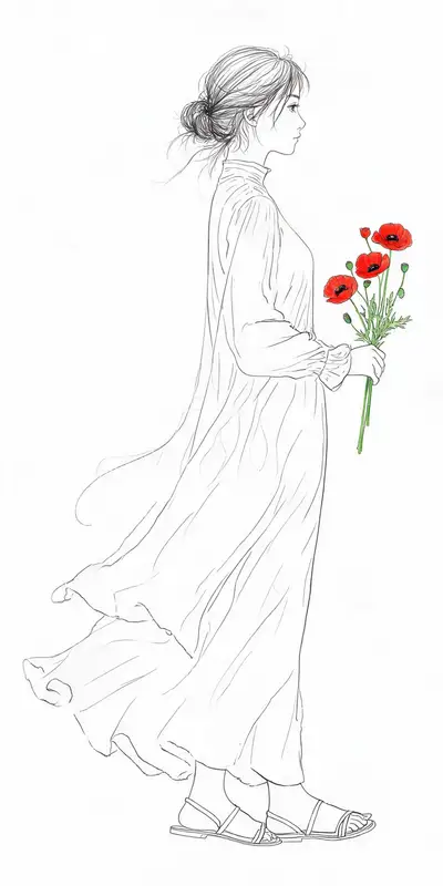 极简线描女孩与红花插画