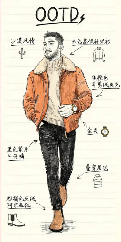 男士穿搭线描速写标注图