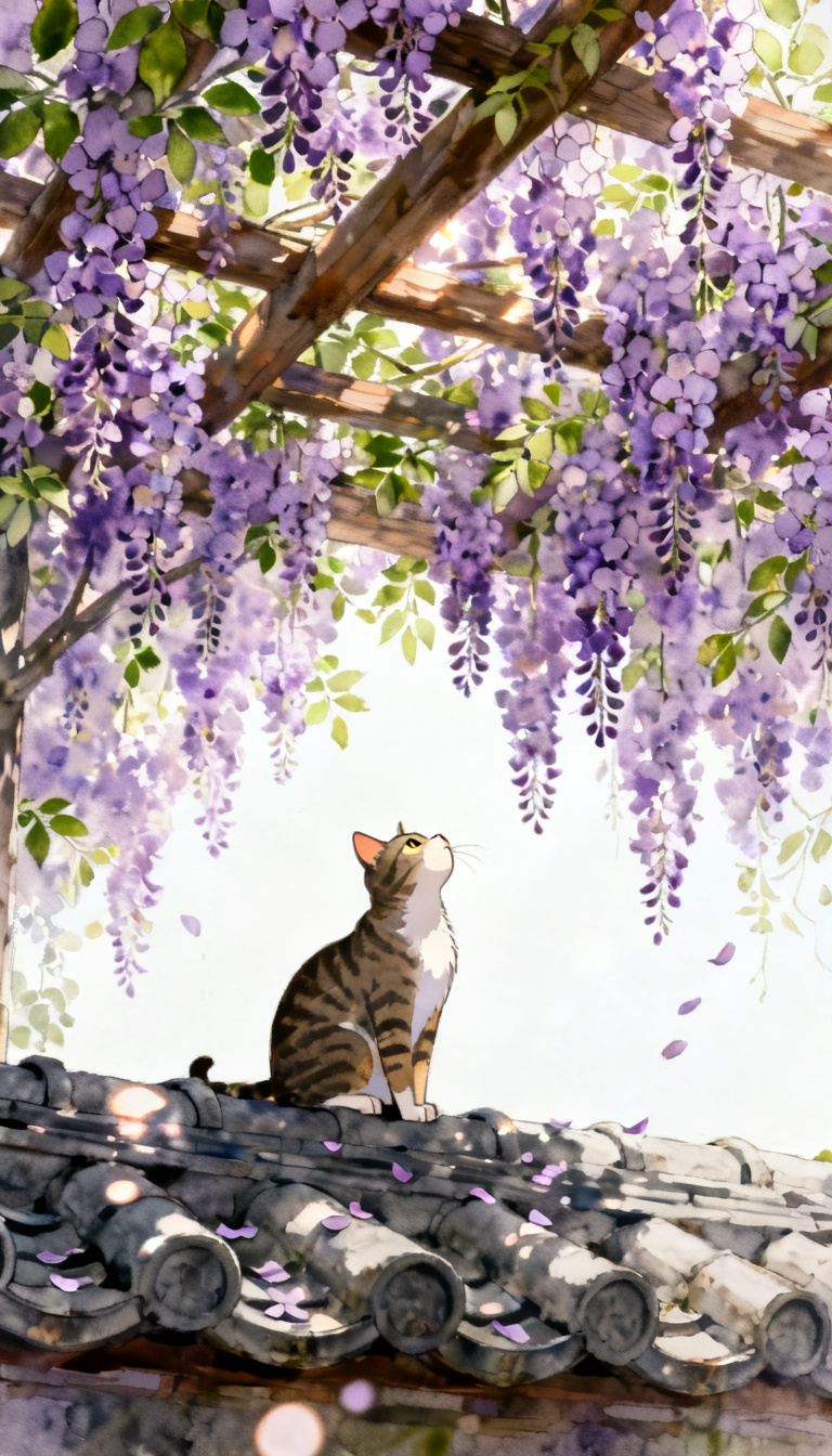 Cat on Roof Under Wisteria Painting preview image
